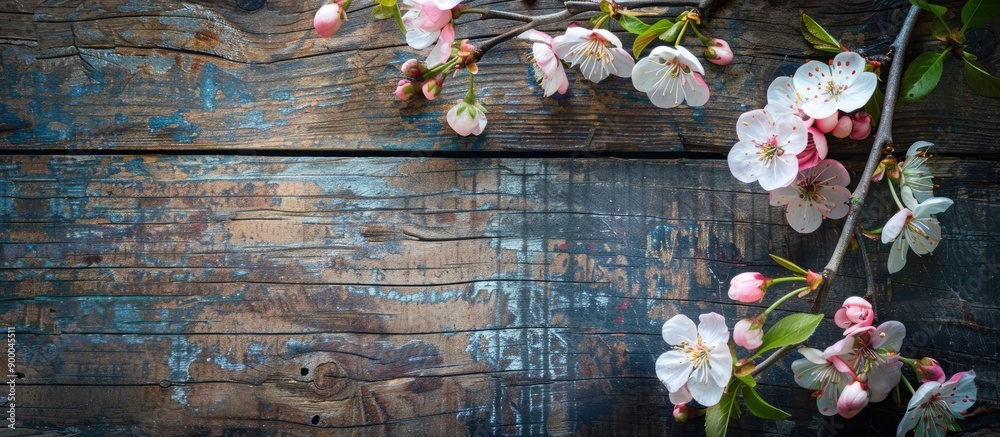 Leinwandbilder spring branches with white pink blossoms on wooden background in rustic composition on vintage textu