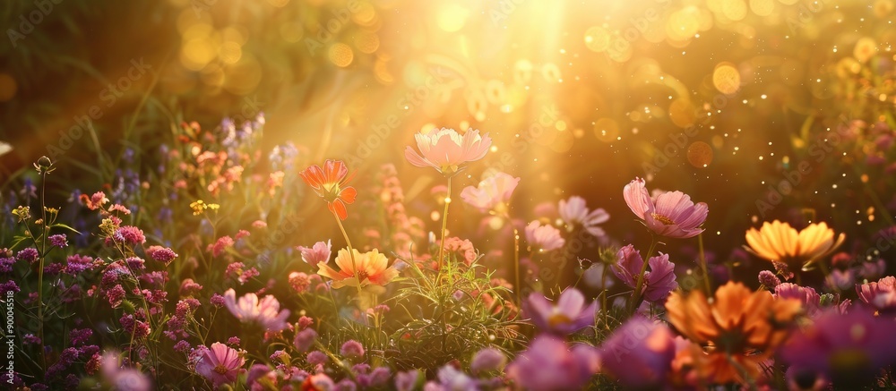 Poster collection of flowers under the warm glow of sunlight creating a picturesque scene with copy space i