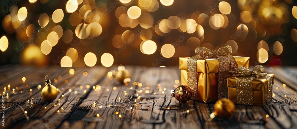 Poster wooden table adorned with golden gifts and twinkling gold bokeh light perfect for showcasing content