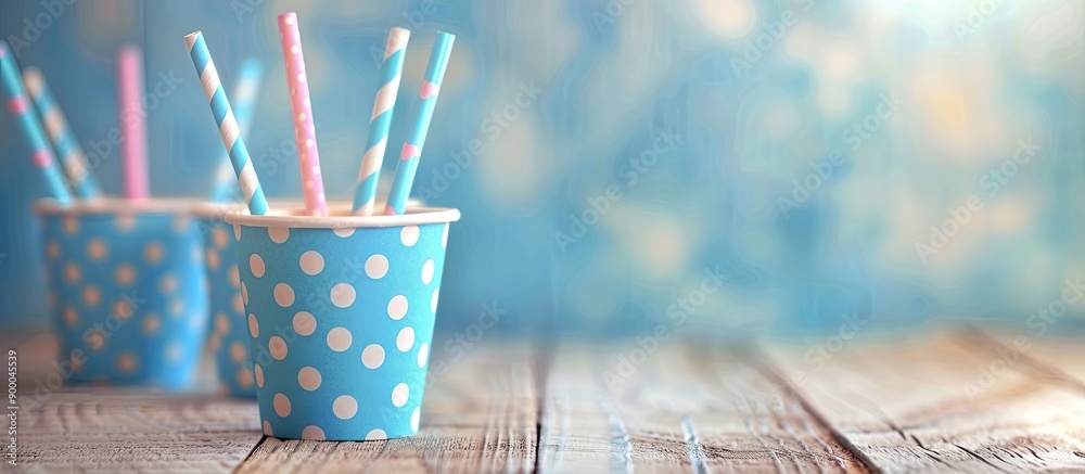 Aufkleber Blue polka dot cups with pretty straws for festive drinks displayed on a wooden table with copy space image available for text