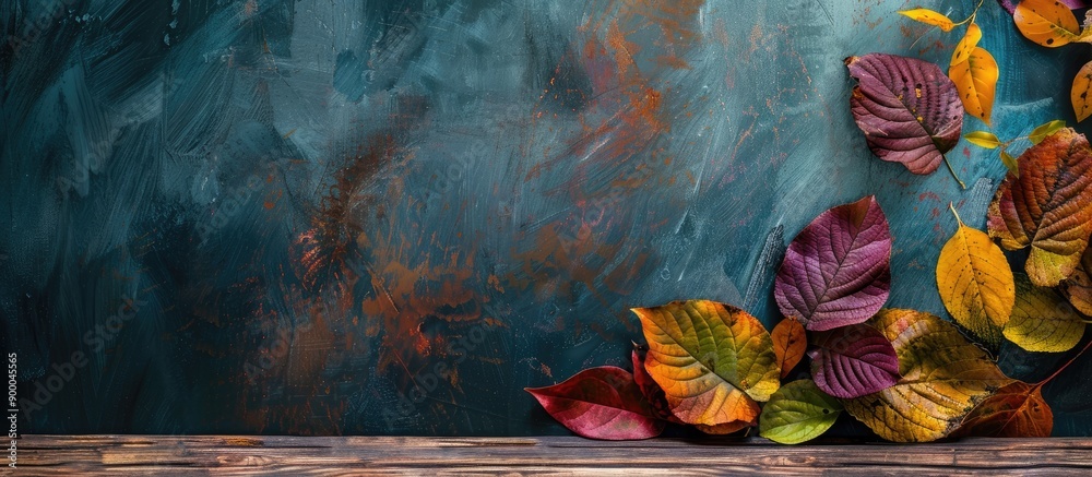 Fototapete Wooden table with colorful autumn leaves creating a charming display with copy space image