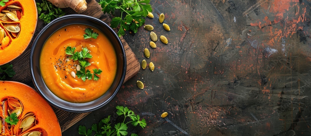 Poster top view of vegan pumpkin soup in a bowl garnished with parsley and pumpkin seeds fitting for thanks