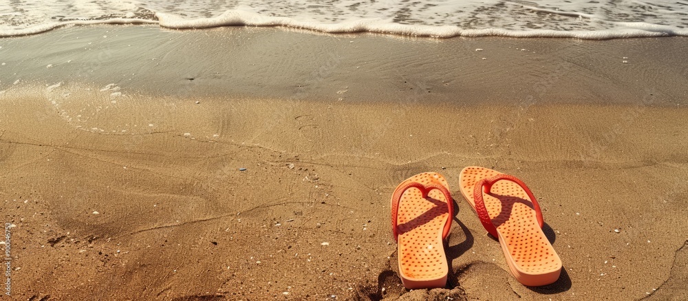 Aufkleber Flip flops on a sandy beach with space for text or images. with copy space image. Place for adding text or design