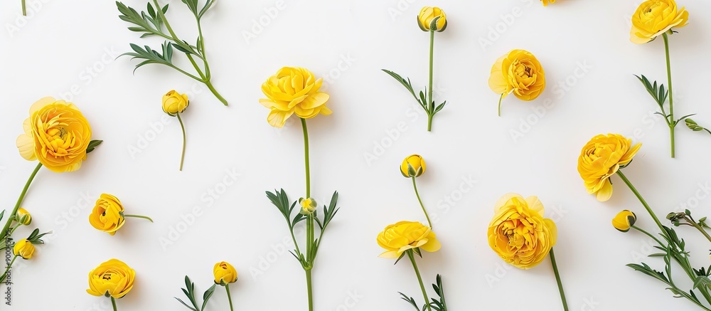 Poster yellow flowers on a white backdrop in a creative layout evoking summer vibes ideal for a flat lay vi