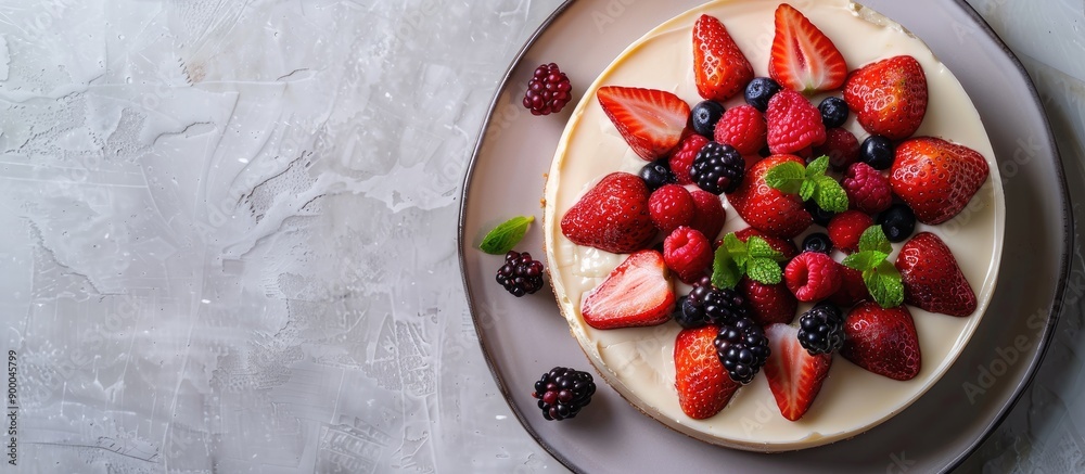 Poster a visually appealing cheesecake adorned with vibrant summer fruits like strawberries and blackberrie