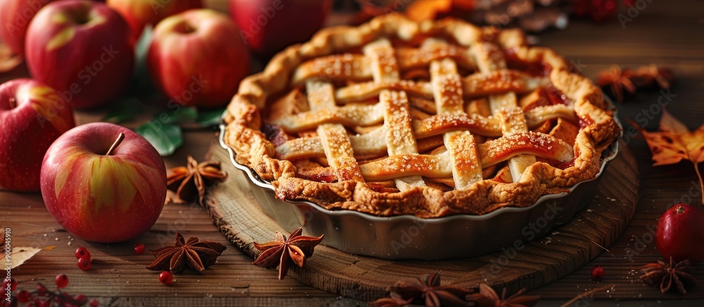 Poster autumn themed homemade apple pie or tart with a copy space image in the background conveying the ess