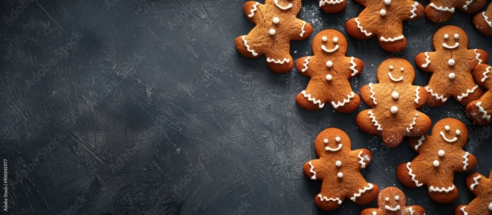 Poster top down view of gingerbread cookies shaped like jolly men perfect for new year and christmas embody