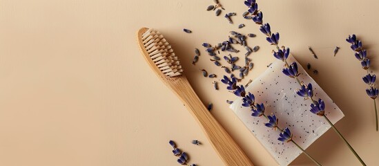 Advertisement mock up template featuring a bamboo toothbrush lavender soap and organic dry lavender flower on a beige backdrop with a copy space image for text perfect for a skincare homemade natural