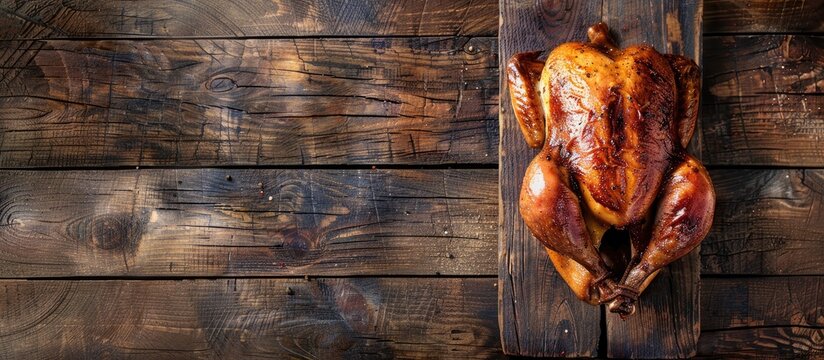 Organic whole broiler chicken on a rustic table background with copy space image