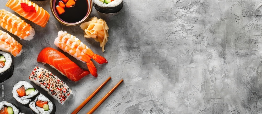 Aufkleber traditional japanese cuisine and snacks displayed on a gray background emphasizing a cultural gastro