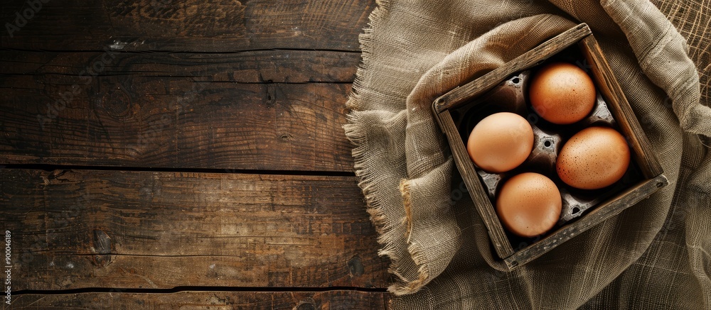 Fototapete Overhead view of chicken eggs in a wooden box on rustic fabric ideal for an Easter themed image with space for text. with copy space image. Place for adding text or design