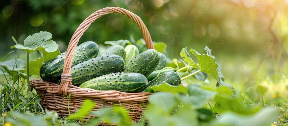 Aufkleber cucumbers placed in a basket on a garden lawn with copy space image