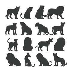 Collection of silhouettes of lion, cetah, tiger, jaguar ,isolated on white ,generative ai