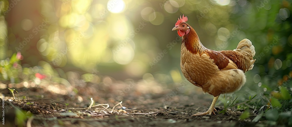 Poster a chicken roams freely in an outdoor setting with copy space image