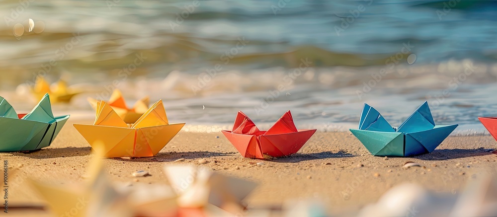 Poster paper boats of various colors arranged on the sandy beach near the sea with copy space image