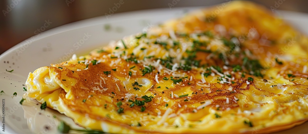 Aufkleber Close up image of a gourmet omelet garnished with cheese on a white plate with copy space image