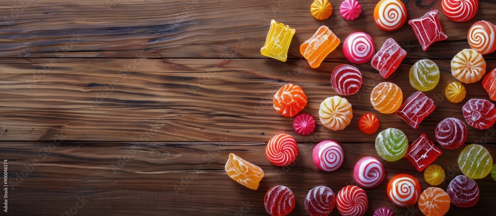 Fototapete An appetizing assortment of hard candies displayed on a wooden surface in a flat lay composition with room for text in the image. with copy space image. Place for adding text or design