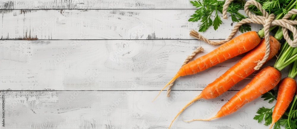 Leinwandbilder fresh carrots arranged with rope on a white wooden table in a close up view with copy space image
