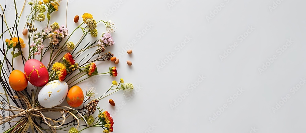 Leinwandbilder Top view of an Easter themed arrangement displayed on a white background with space for text or other images. with copy space image. Place for adding text or design