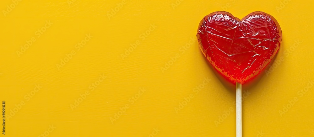 Aufkleber top view of a heart shaped lollipop for valentine s day on a yellow background with copy space image