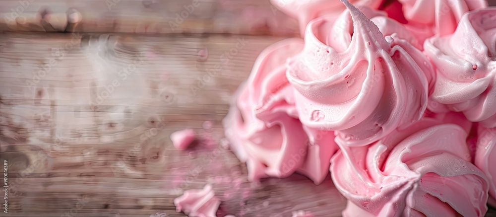 Poster close up pink meringue on a wooden background with copy space image