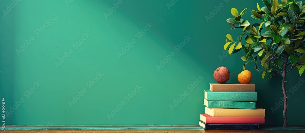 Poster vibrant books on a table with a green wall backdrop providing copy space for text reflects an educat