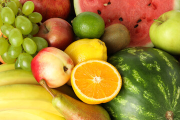 Many different fresh fruits as background, closeup