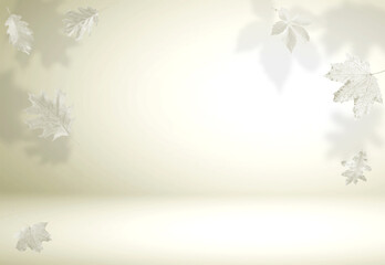 Autumn leaves in air on pastel background, toned in yellow color. Space for design