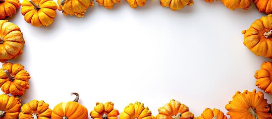 A Halloween themed arrangement with a frame of tiny pumpkins on a white background offers space for additional text or images