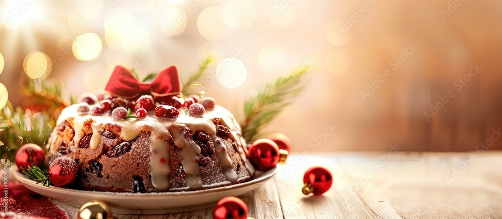 Poster a festive christmas themed fruitcake and pudding displayed beautifully on a plate with a blank area 