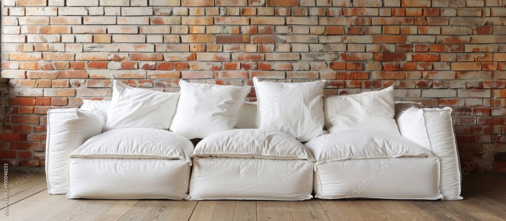 Aufkleber a comfy white sofa with cushions set against a rustic brick wall creating a snug ambiance with ample