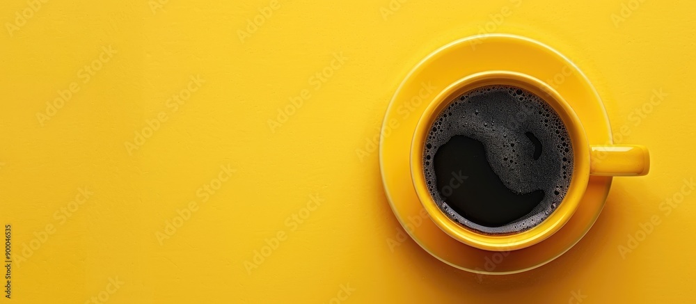 Aufkleber invigorating drink in a yellow mug filled with black coffee on a yellow background in a flat lay cop
