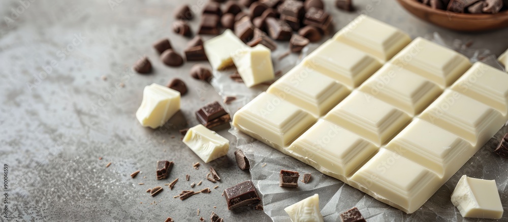 Aufkleber white chocolate displayed on a grey backdrop creating a visually appealing copy space image