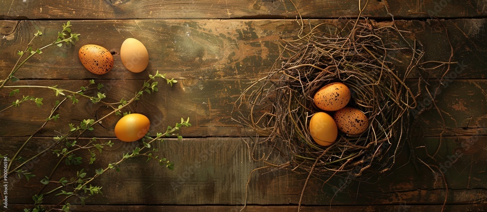 Aufkleber Yellow orange and brown eggs in a nest of wooden twigs on a table with green twigs embodying Easter and spring themes with blank space for an image and a bird s eye view. with copy space image