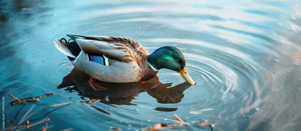 Poster A lone duck with a blue marking on its wing is seen drinking from a serene lake with a clear sky above providing a peaceful backdrop for the scene captured in the copy space image