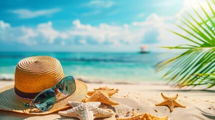 Tropical beach with sunbathing accessories, summer holiday background