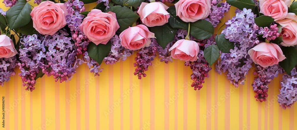 Poster pink roses and lilacs border a striped yellow backdrop with a spot for your copy space image