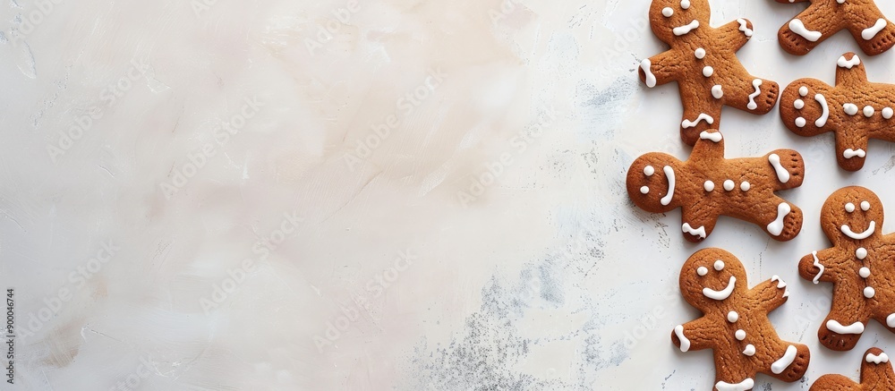 Poster Top down view of gingerbread cookies shaped like jolly men perfect for New Year and Christmas embodying festive traditions with focus on a long banner like image with ample copy space