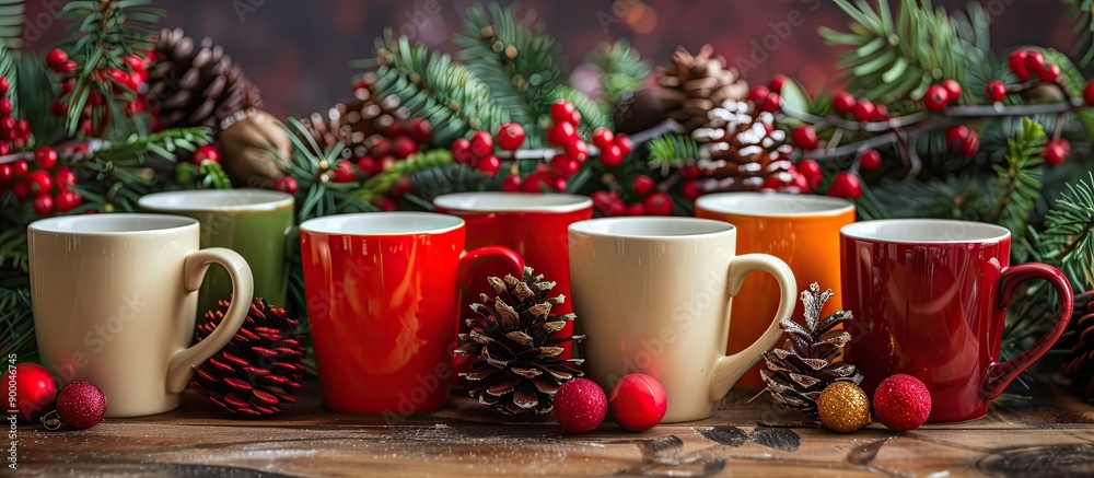 Poster a festive display of aromatic coffee cups set against a backdrop featuring fir branches berries and 