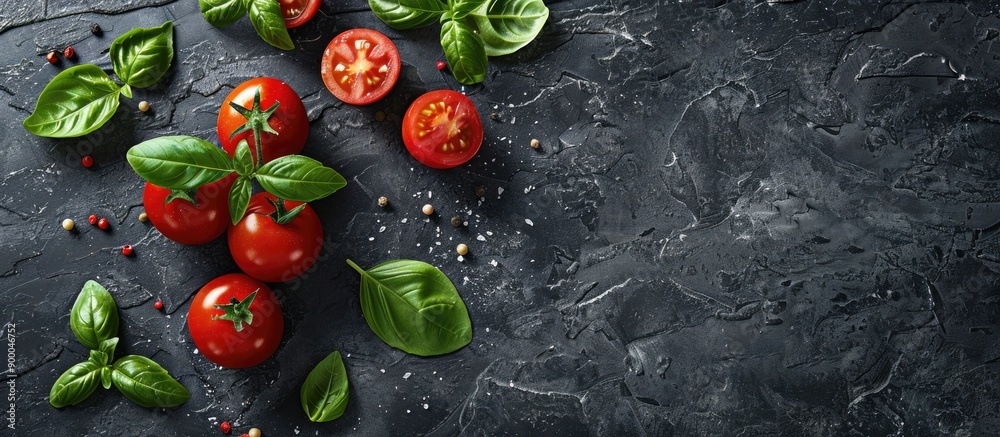 Leinwandbilder top view of italian cuisine with a tomato and basil arrangement on a stone table allowing for person