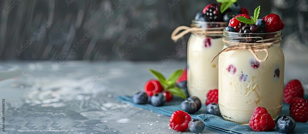 Poster glass jars filled with fresh yogurt and berries a dairy based healthy food option suitable for dieti