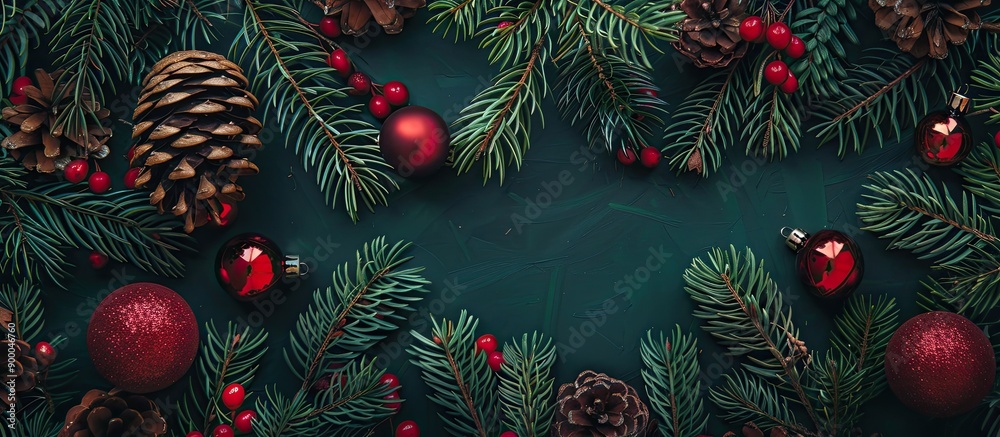 Poster festive holiday arrangement featuring spruce branches and red ornaments conveying christmas winter a