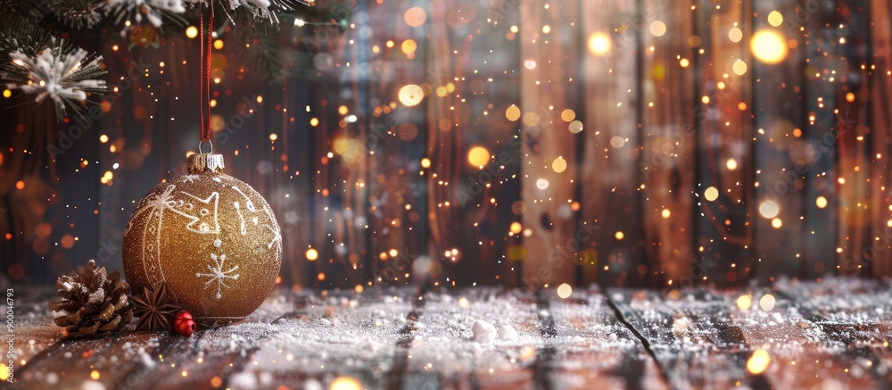 Aufkleber Wooden background with snowflakes features a Christmas ornament and a greeting card for Merry Christmas and Happy New Year including space for text in the image. with copy space image