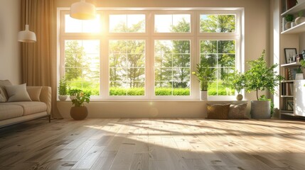 Obraz premium A contemporary house with a large well lit room featuring laminate flooring and a compact window