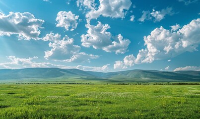 Obraz premium Breathtaking Panoramic Natural Landscape: Lush Green Meadow Under Vibrant Blue Sky with Fluffy Clouds and Majestic Mountains. Idyllic Scenery Perfect for Relaxation, Outdoor Adventure, and Environment