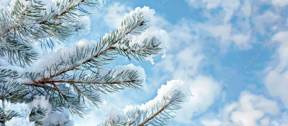 Poster snow covered pine branch against blue sky background perfect for card designs with available copy sp