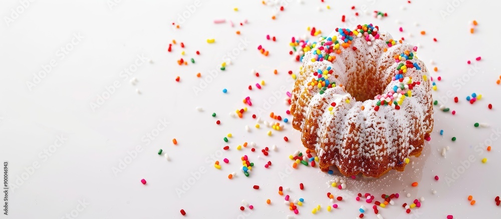 Poster mini gugelhupf adorned with vibrant sugar sprinkles on a white background with ample copy space imag