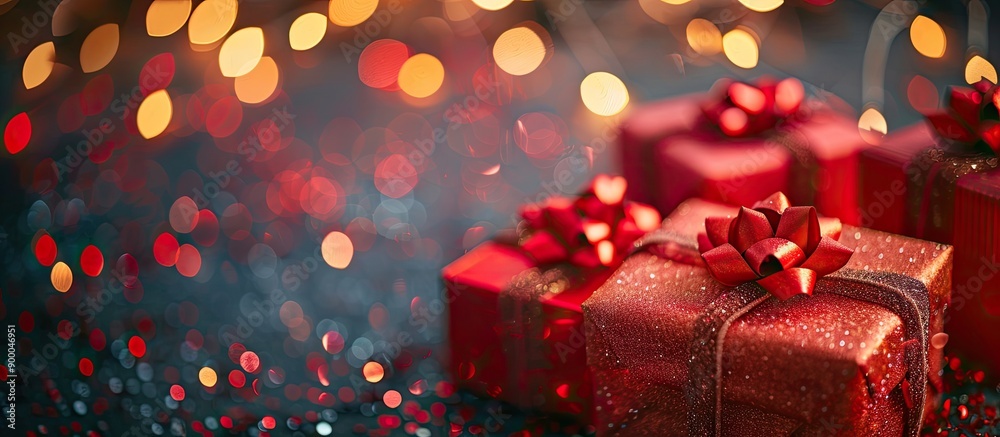 Poster vibrant red christmas gift boxes on a background of twinkling bokeh lights with copy space image