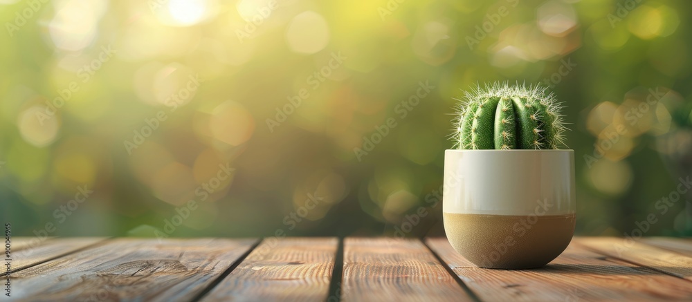 Poster cactus pot on wood table with blurred leaf backdrop and space for image on the left. with copy space
