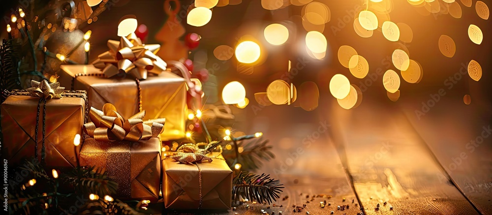 Poster Blurred lights in the background with Christmas gifts creating a festive copy space image